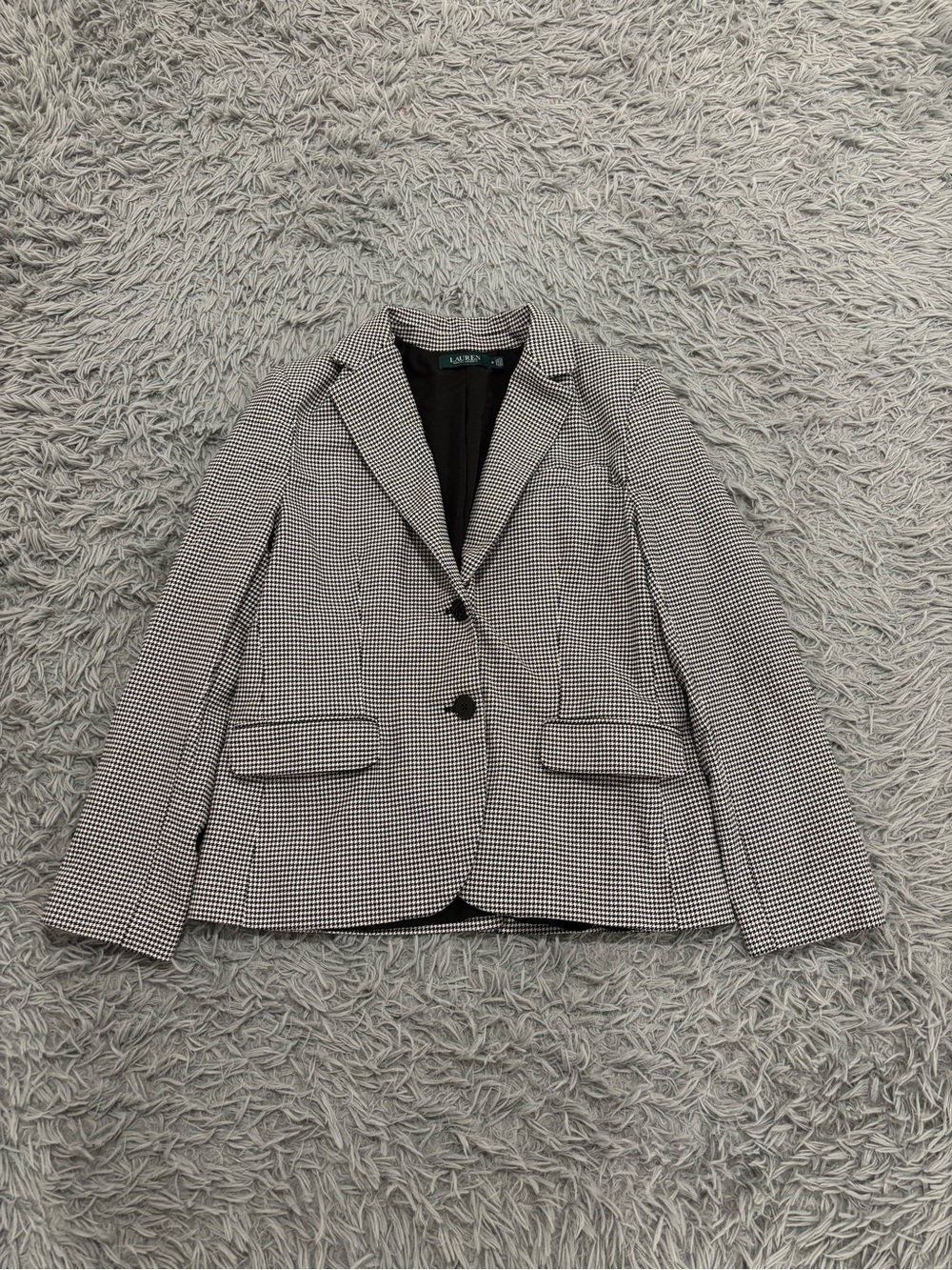 Lauren Ralph Lauren Women Size 12 Twill Houndstooth Blazer Black White 2 Buttons